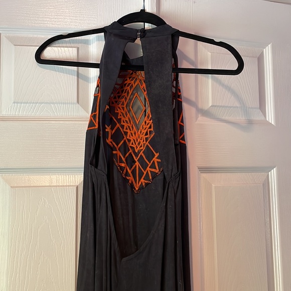 Free People Open Back Black Dress with Orange Mesh Detailing at Top Size Small - Picture 4 of 6